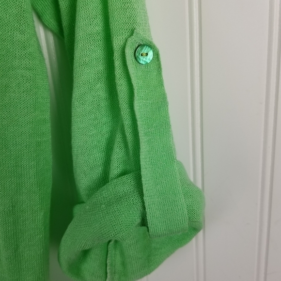 Chicos Womens Linen Open Cardigan Sweater Size 1 Medium Long Line Roll Tab Green - Picture 3 of 15